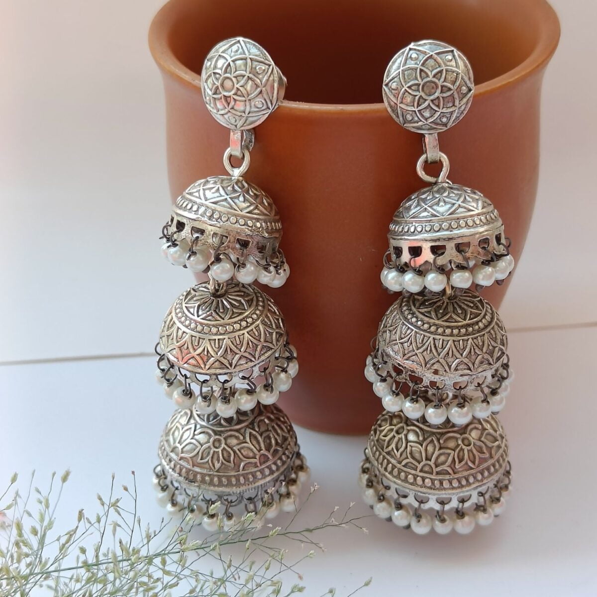 FHF Silver Plated Designer Layered Jhumka Earrings