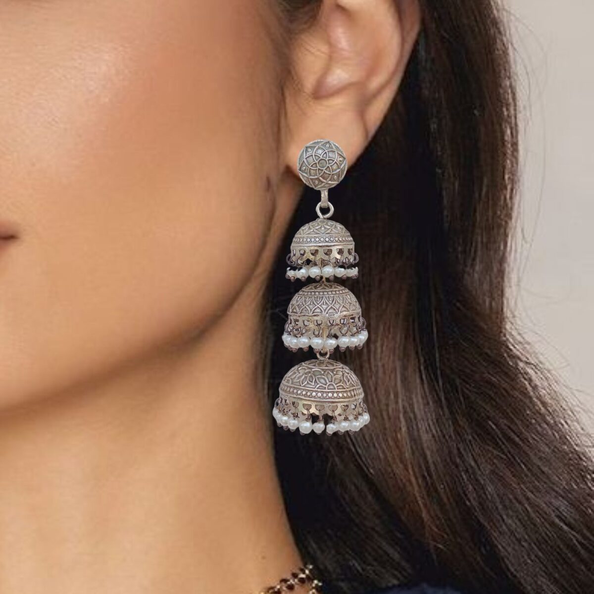 FHF Silver Plated Designer Layered Jhumka Earrings - Image 2