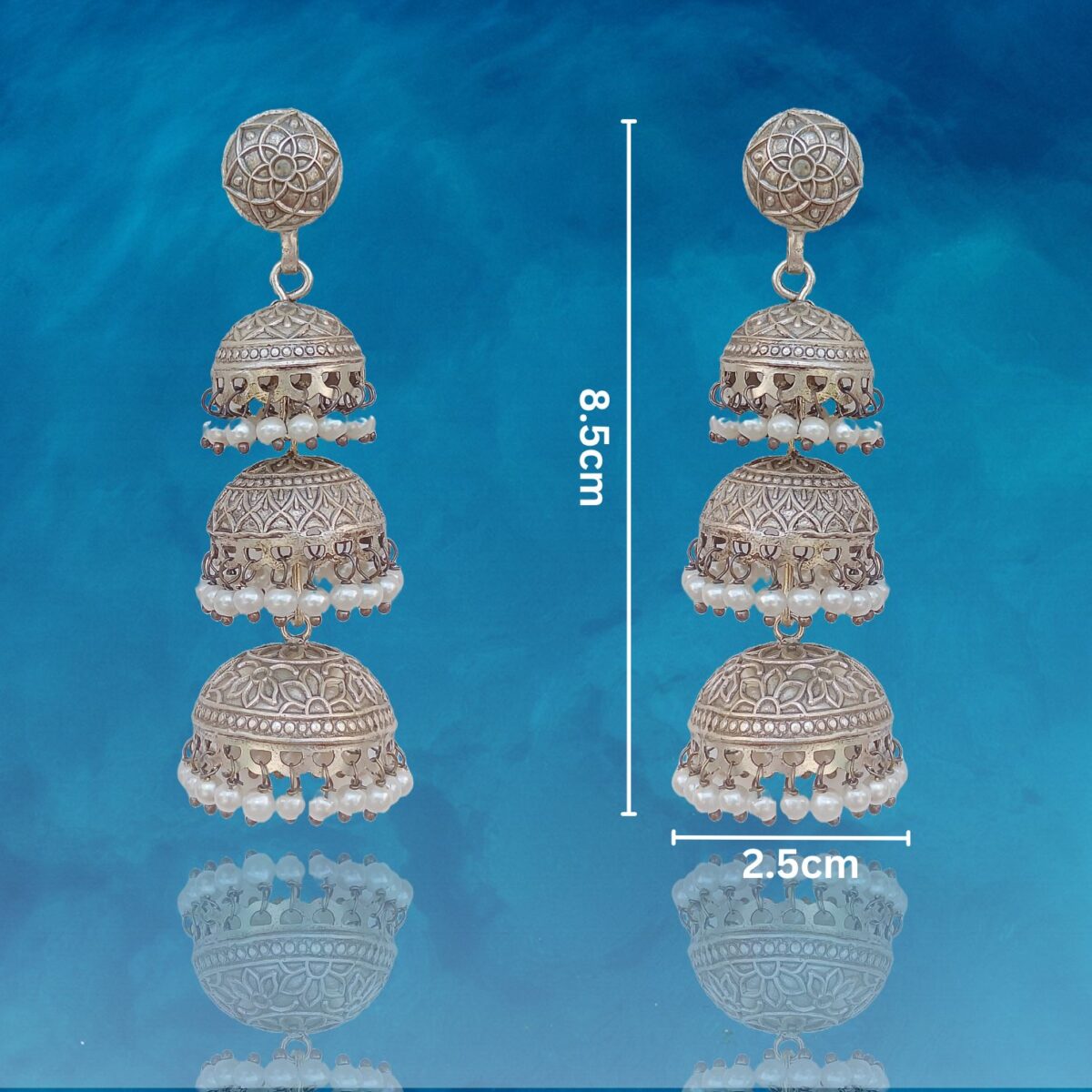 FHF Silver Plated Designer Layered Jhumka Earrings - Image 3