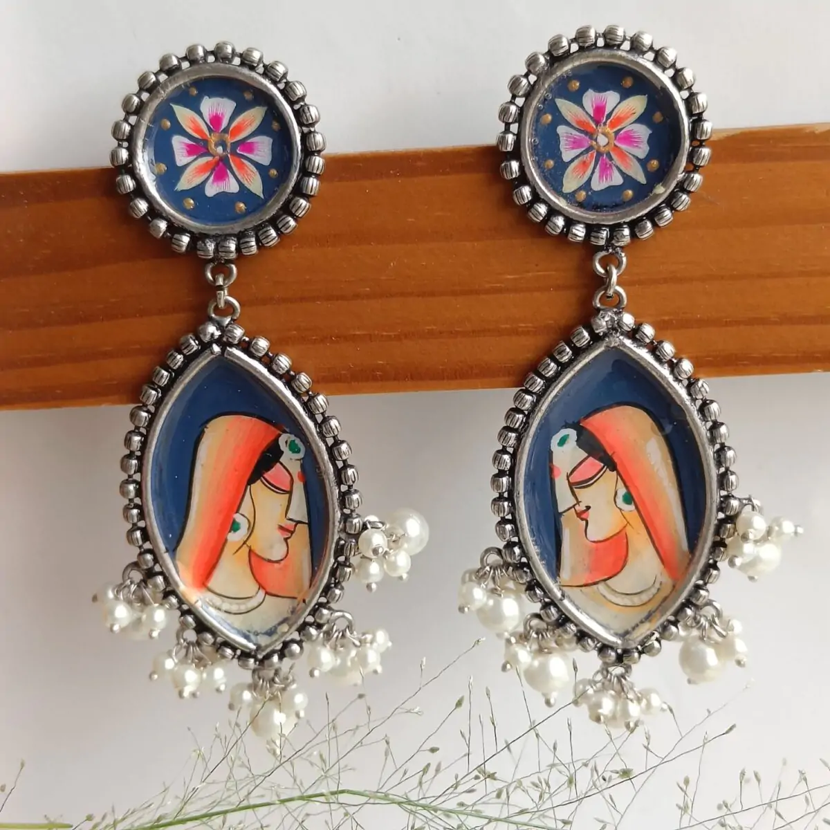 FHF Silver Plated Designer HandPainted Long Traditional Earrings