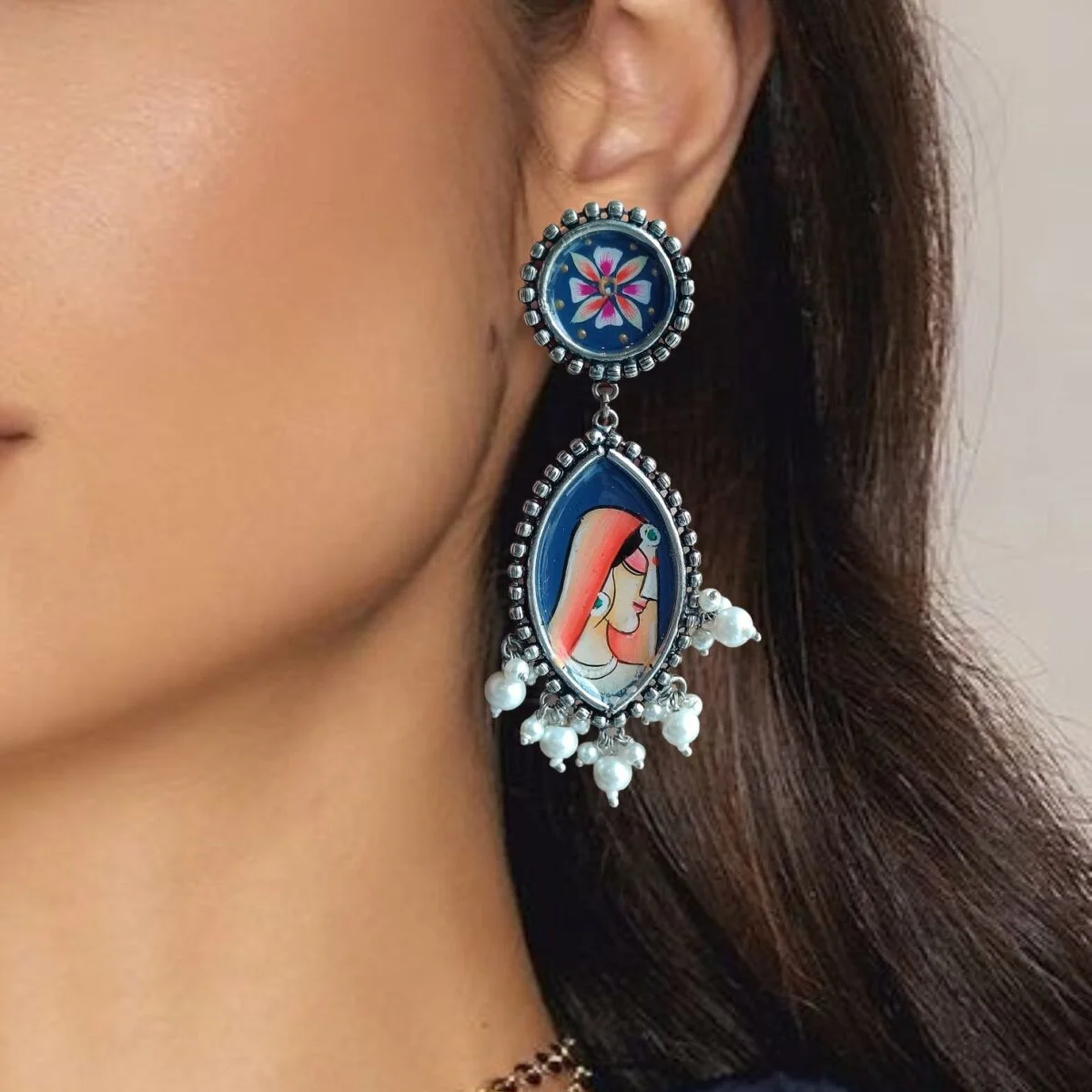 FHF Silver Plated Designer HandPainted Long Traditional Earrings - Image 2