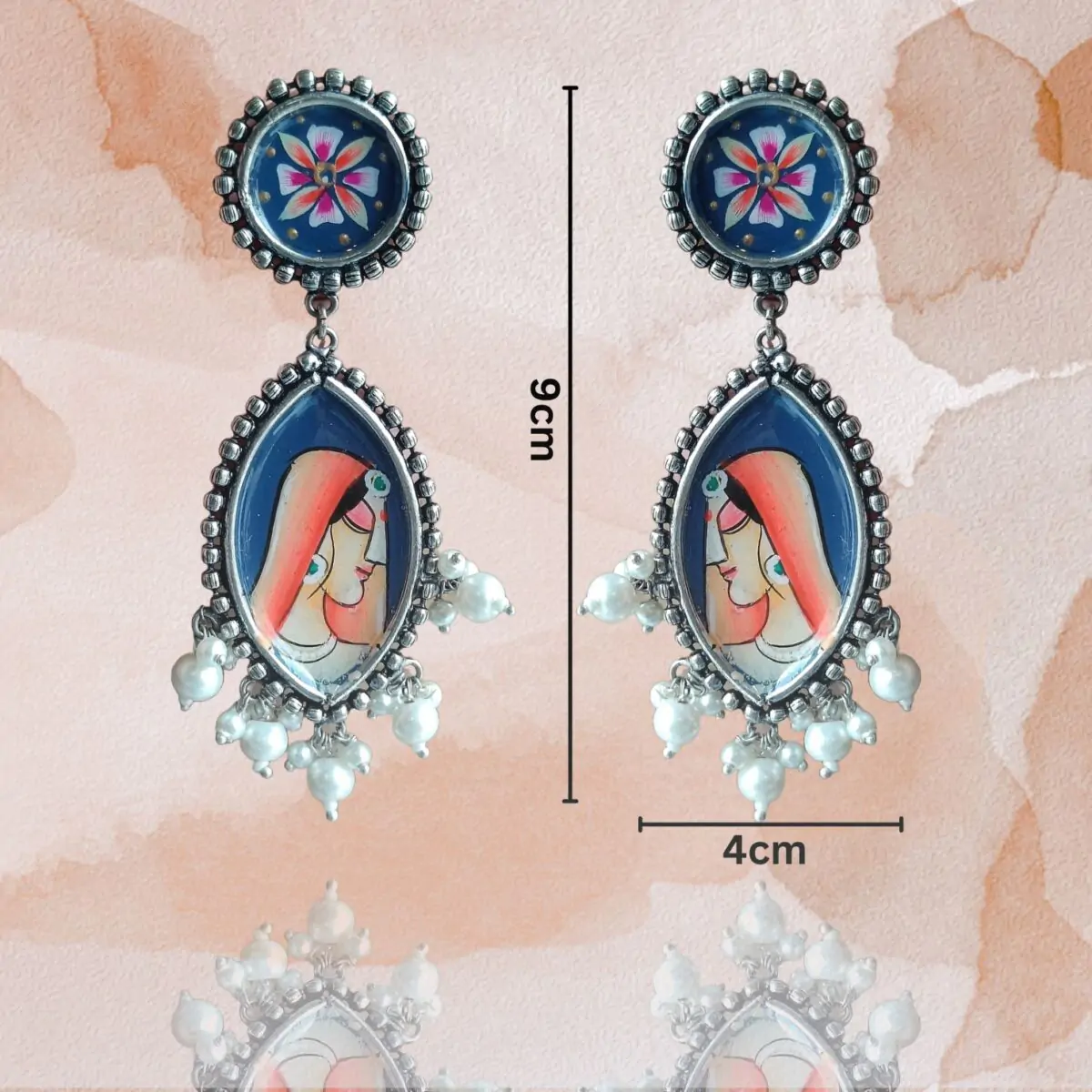 FHF Silver Plated Designer HandPainted Long Traditional Earrings - Image 4