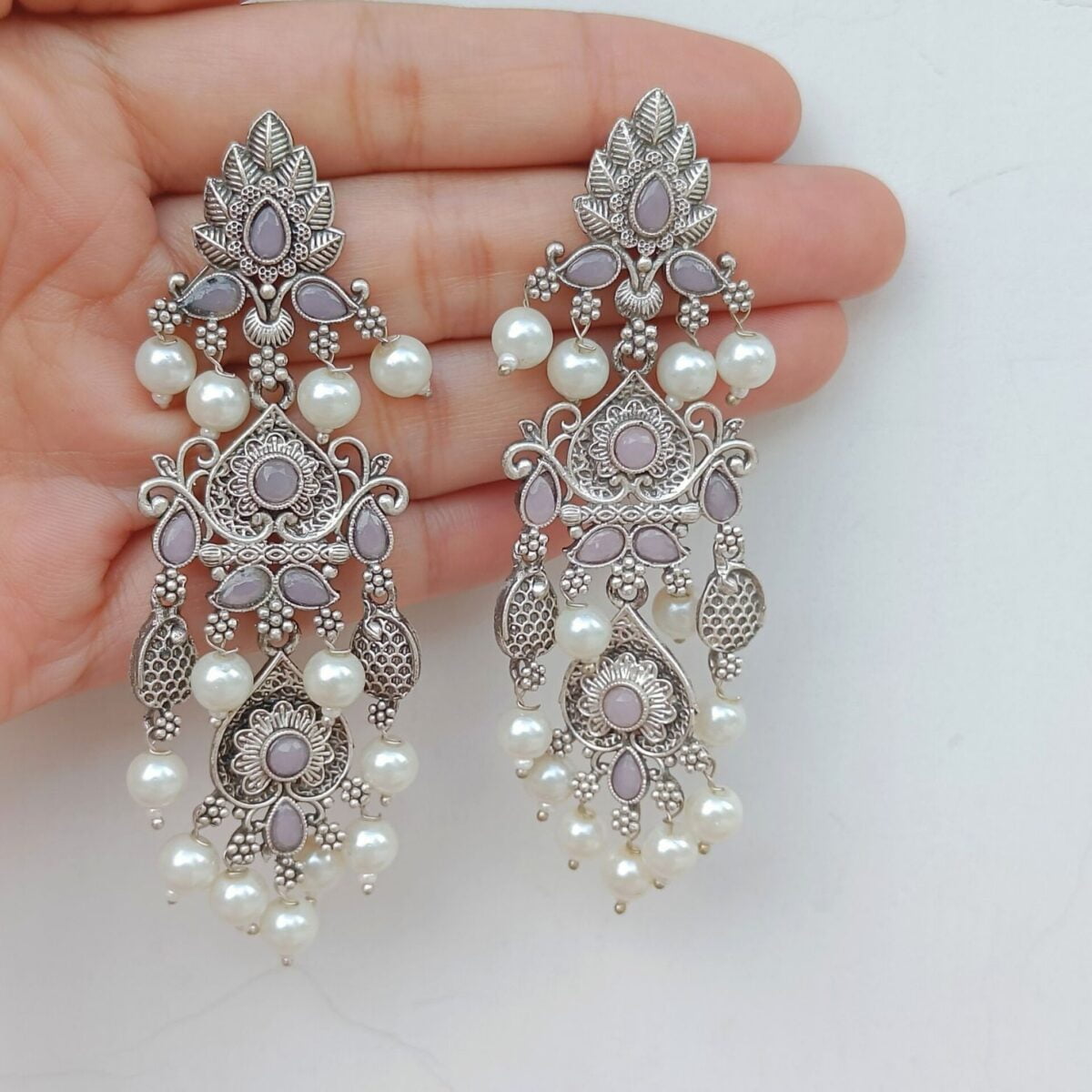 FHF Silver Plated Designer Long Traditional Earrings - Image 2