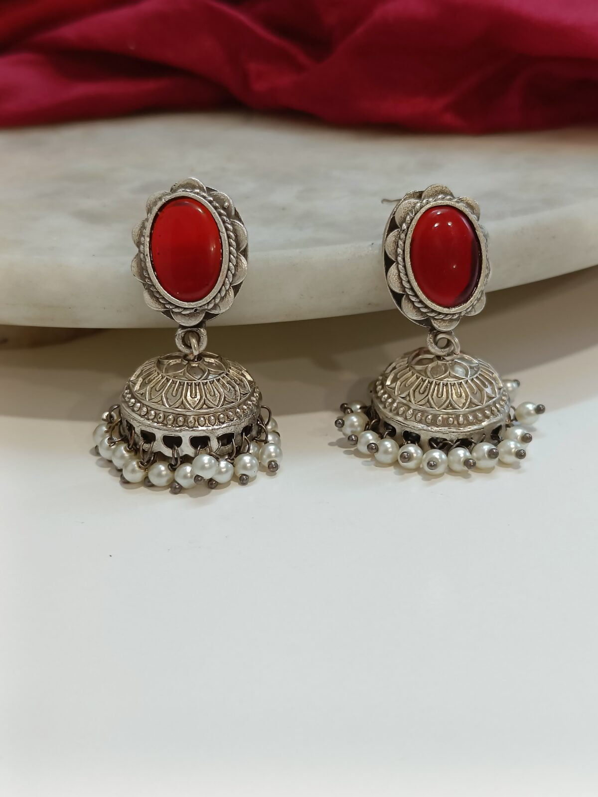 FHF Silver Plated Designer Stone Studded Jhumka