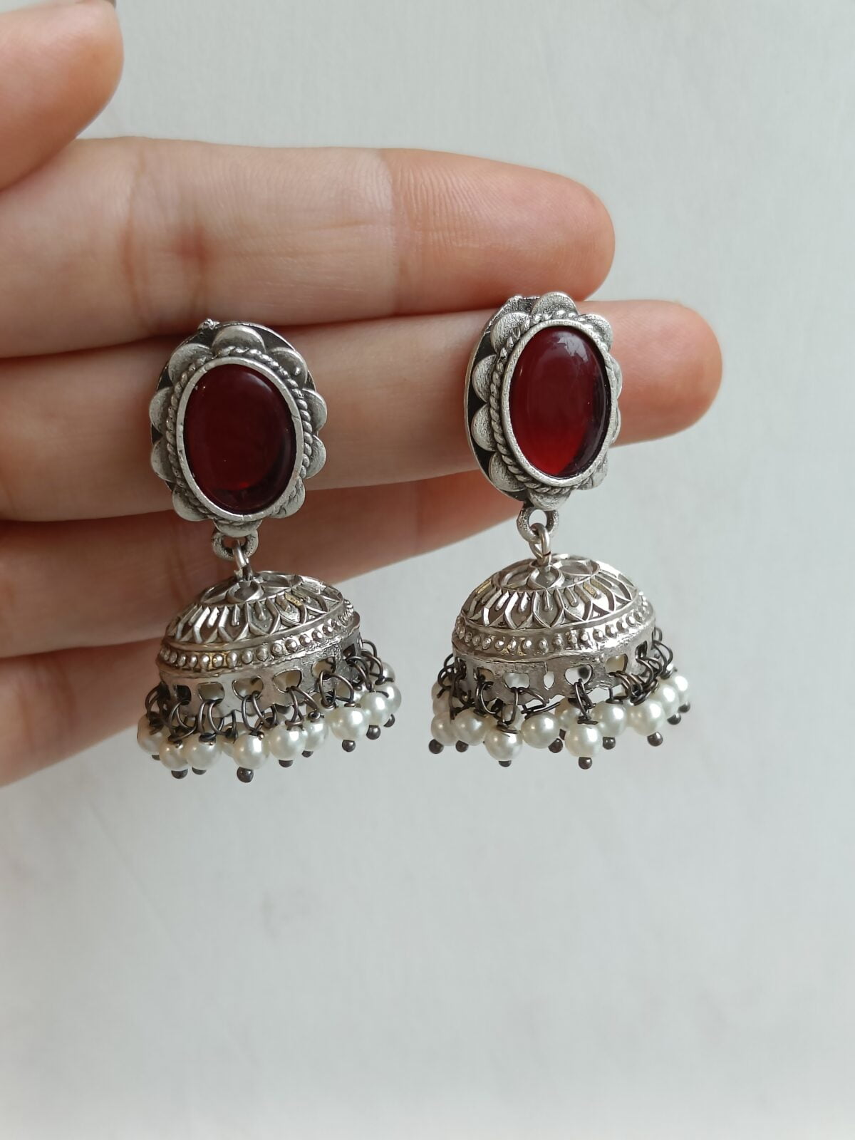 FHF Silver Plated Designer Stone Studded Jhumka - Image 2