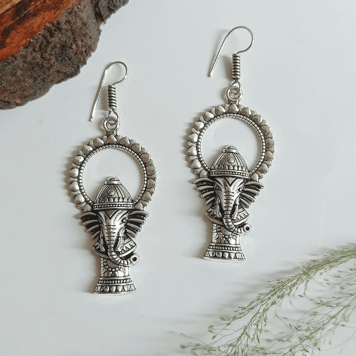 FHF Silver Plated Designer Ganesh ji Hook Earrings