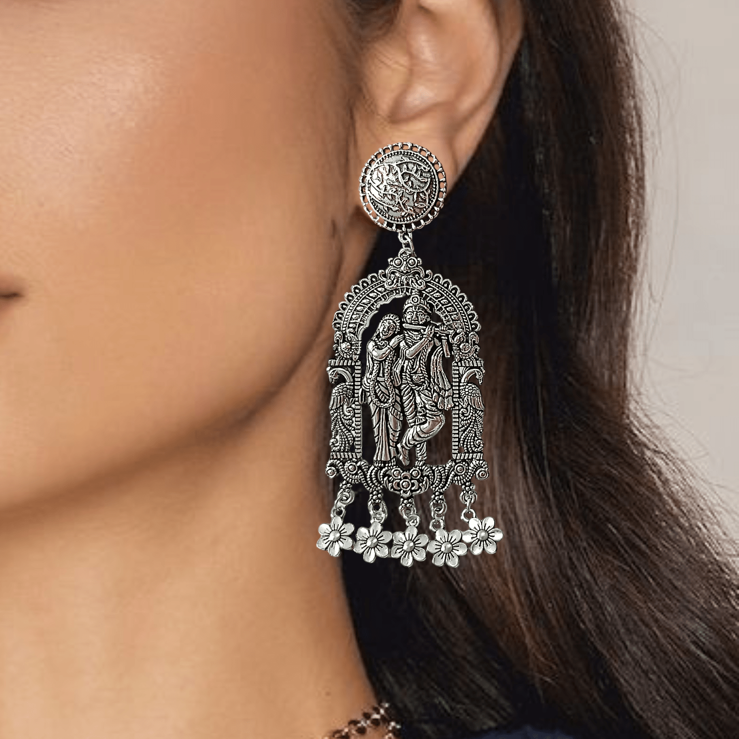 FHF Silver Plated Radha Krishna Traditional Earrings - Image 2