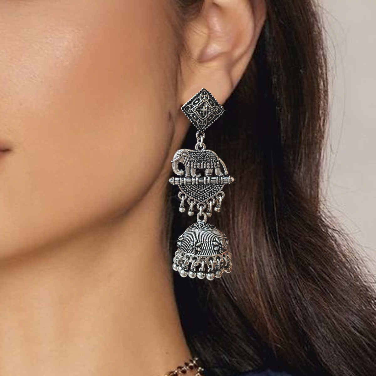 FHF Silver Plated Elephant Designer Jhumka Earrings - Image 2