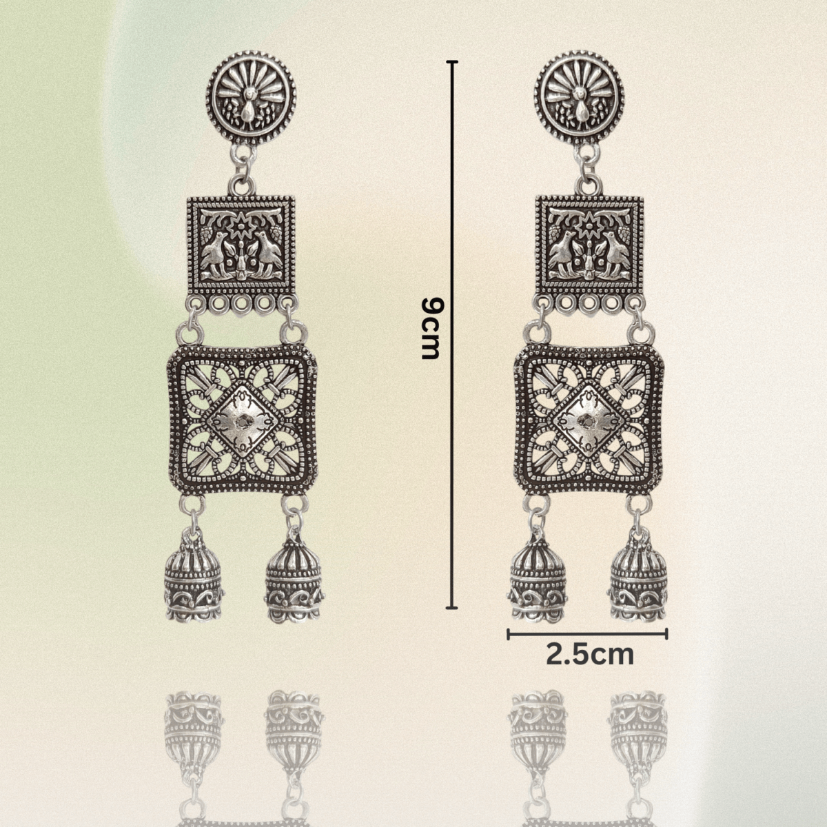 FHF Silver Plated Designer Square Small Jhumki Earrings - Image 3