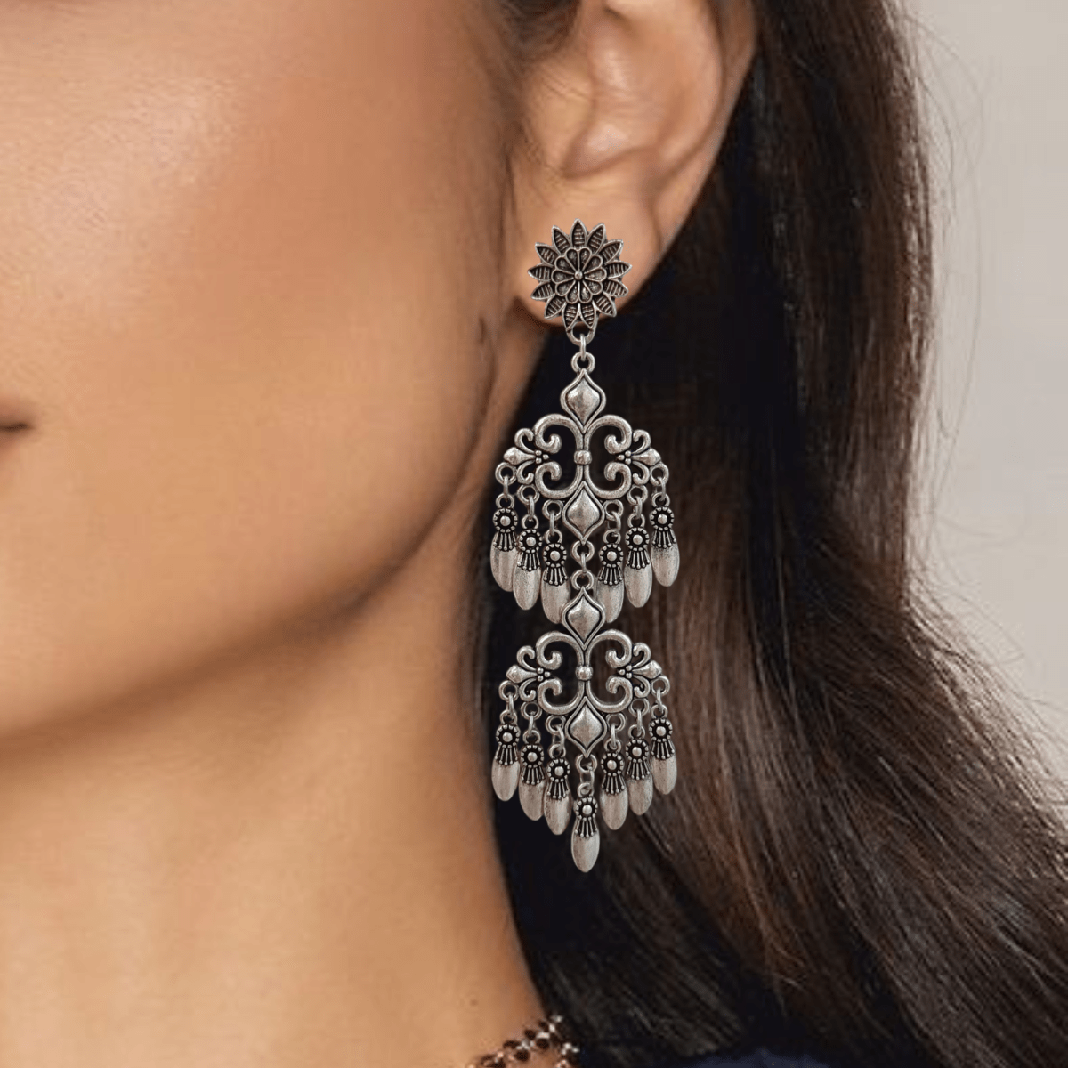 FHF Silver Plated Designer Tear Drop Long Traditional Earrings - Image 2