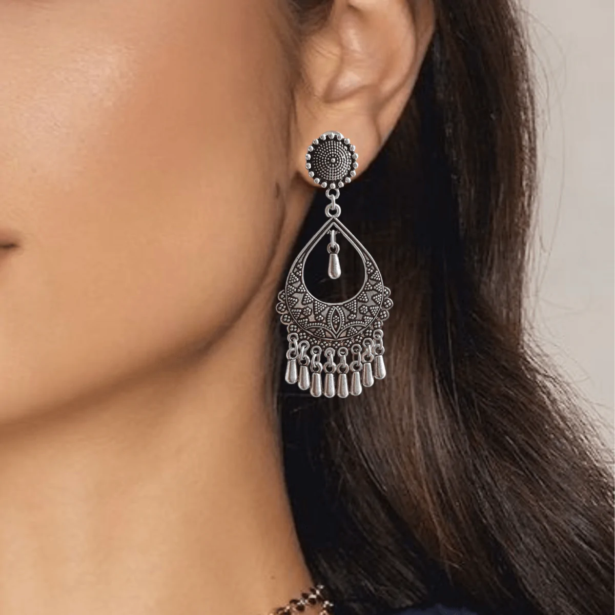 FHF Silver Plated Designer Chandbali Traditional Earrings - Image 2