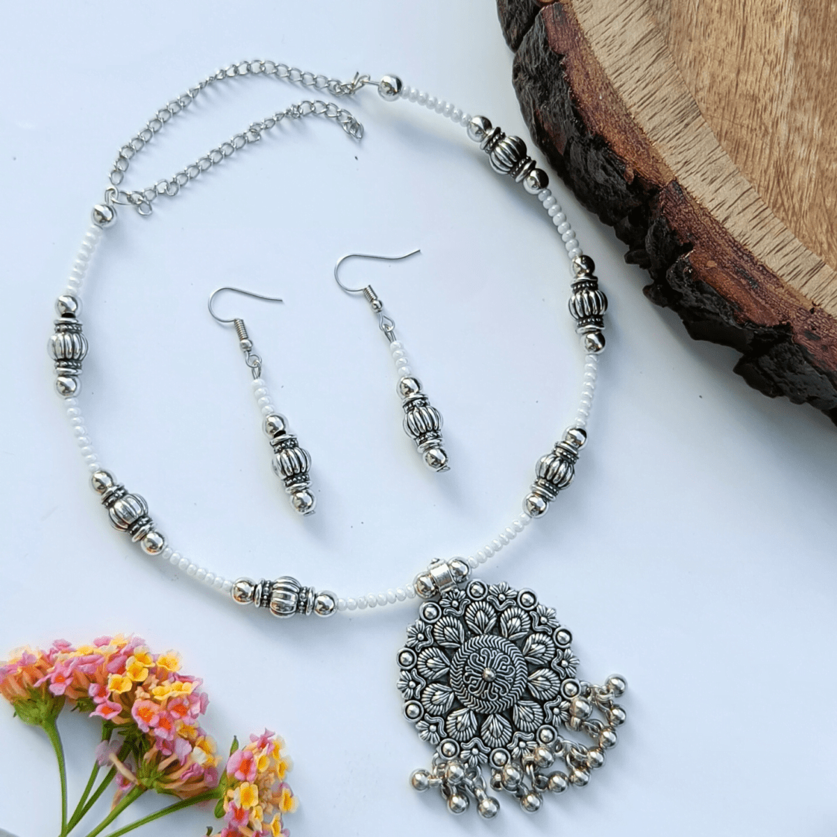 FHF Oxidised Silver Plated Designer Necklace Set