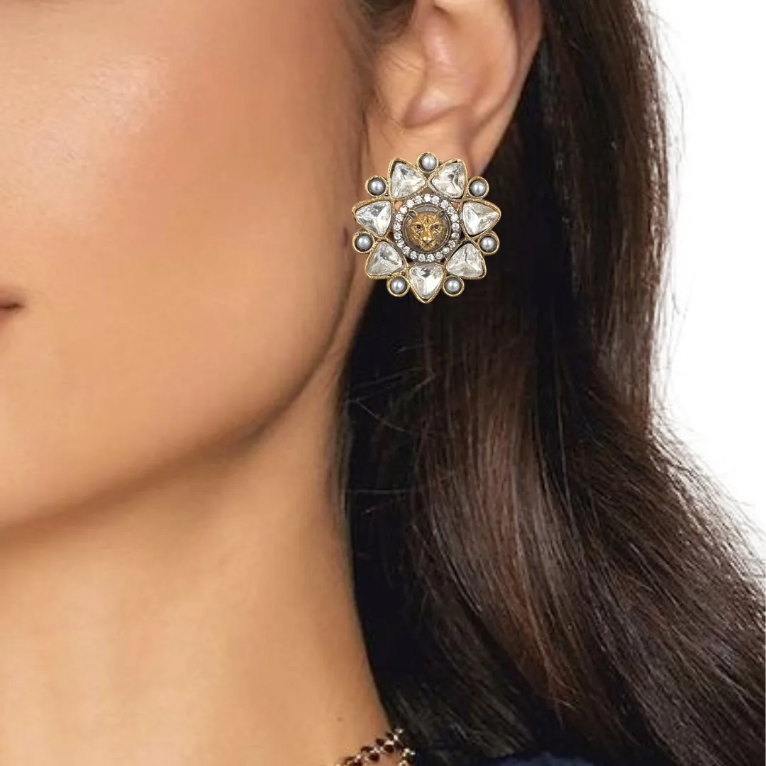 FHF Antique Gold plated Kundun Studded Stud Earrings - Image 2