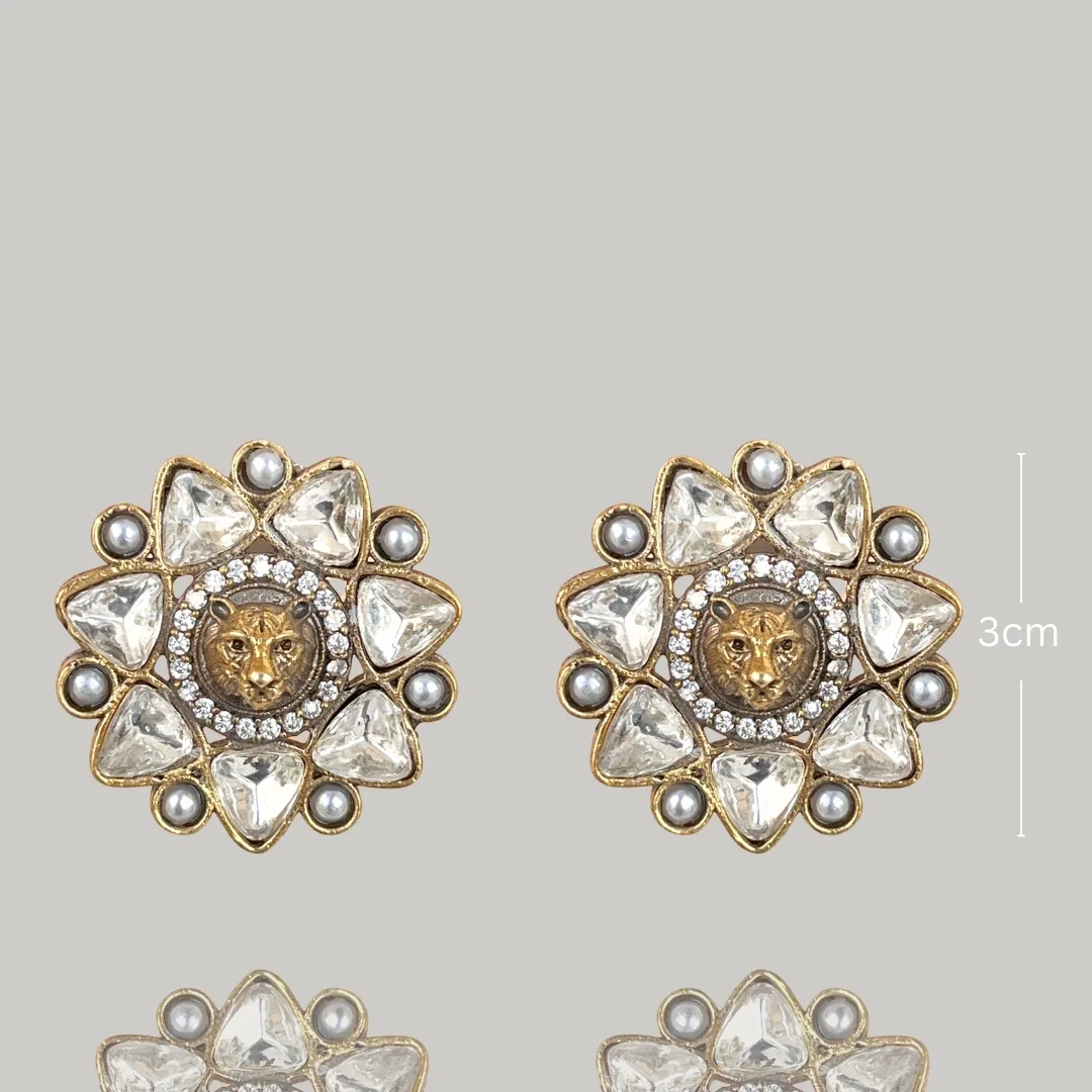 FHF Antique Gold plated Kundun Studded Stud Earrings - Image 3