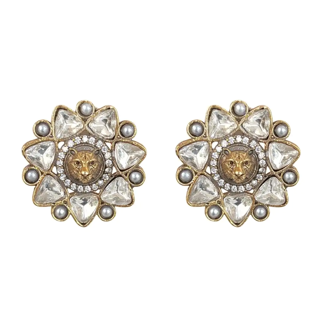 FHF Antique Gold plated Kundun Studded Stud Earrings - Image 4