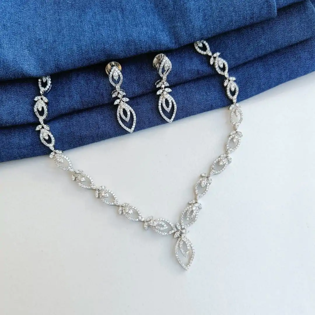 FHF Silver Plated Leafy American Diamond Studded Designer Necklace Set