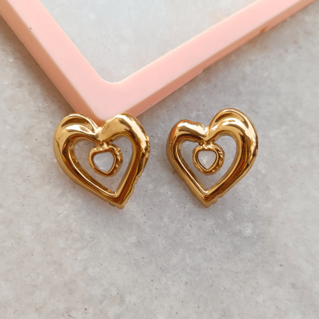 FHF Golden Love Heart Studs – Dainty Double Heart Earrings for Everyday Glam